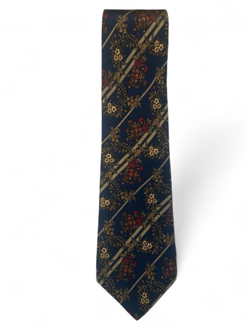 Vintage Valentino Cravatte Silk Tie Mens Navy Blue Gold Floral Striped Italy - Picture 2 of 5